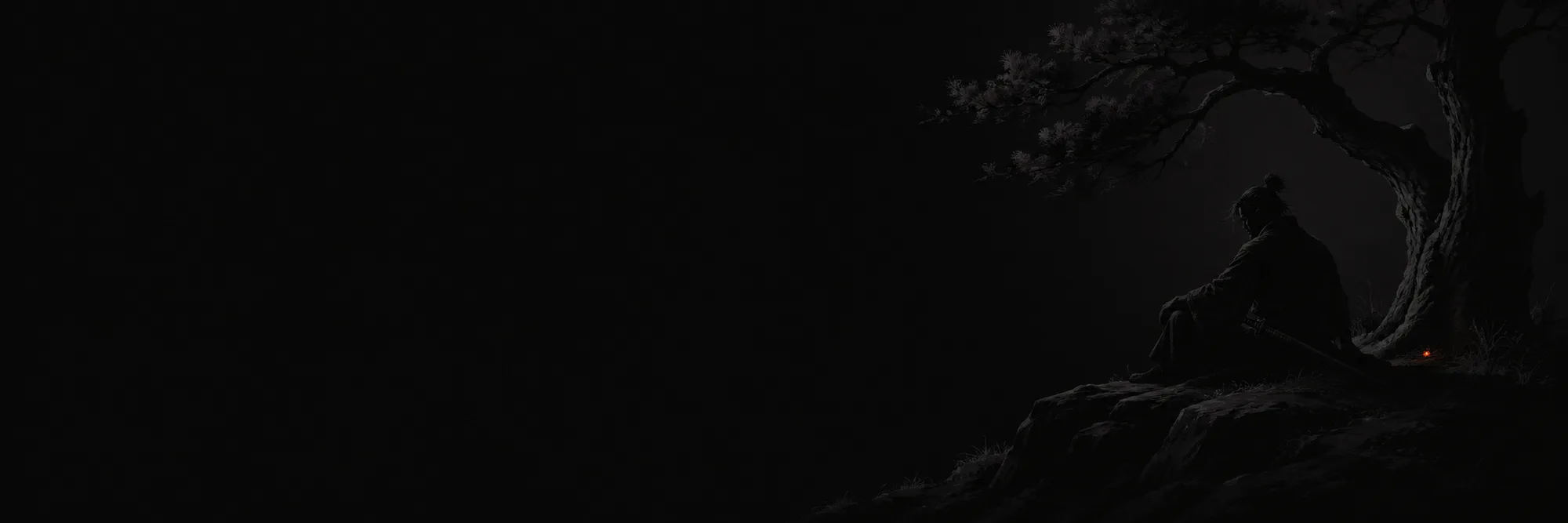 A lone samurai seated in profile beside a gnarled tree in near-black, a single ember glowing at the base.